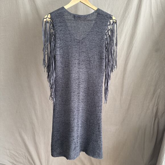 Miilla Knit Tunic Mini Dress Gray Boho Festival Chic Fringed Sleeves Women's L - Picture 7 of 12